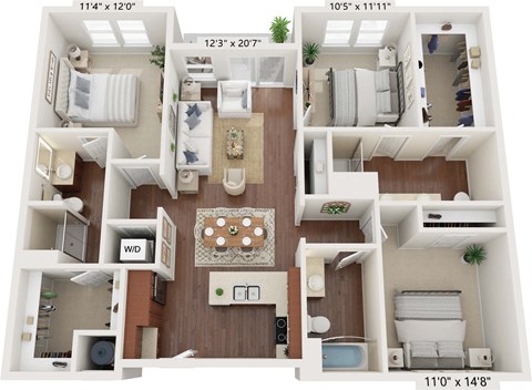Floor plan for 3 beds, 3 baths, 1389 sqft